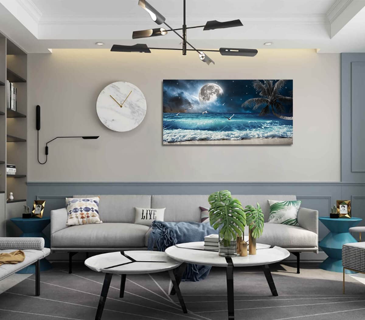 Moon Ocean Decor Beach Wall Art 20x40in Canvas Seascape Painting – Living Room