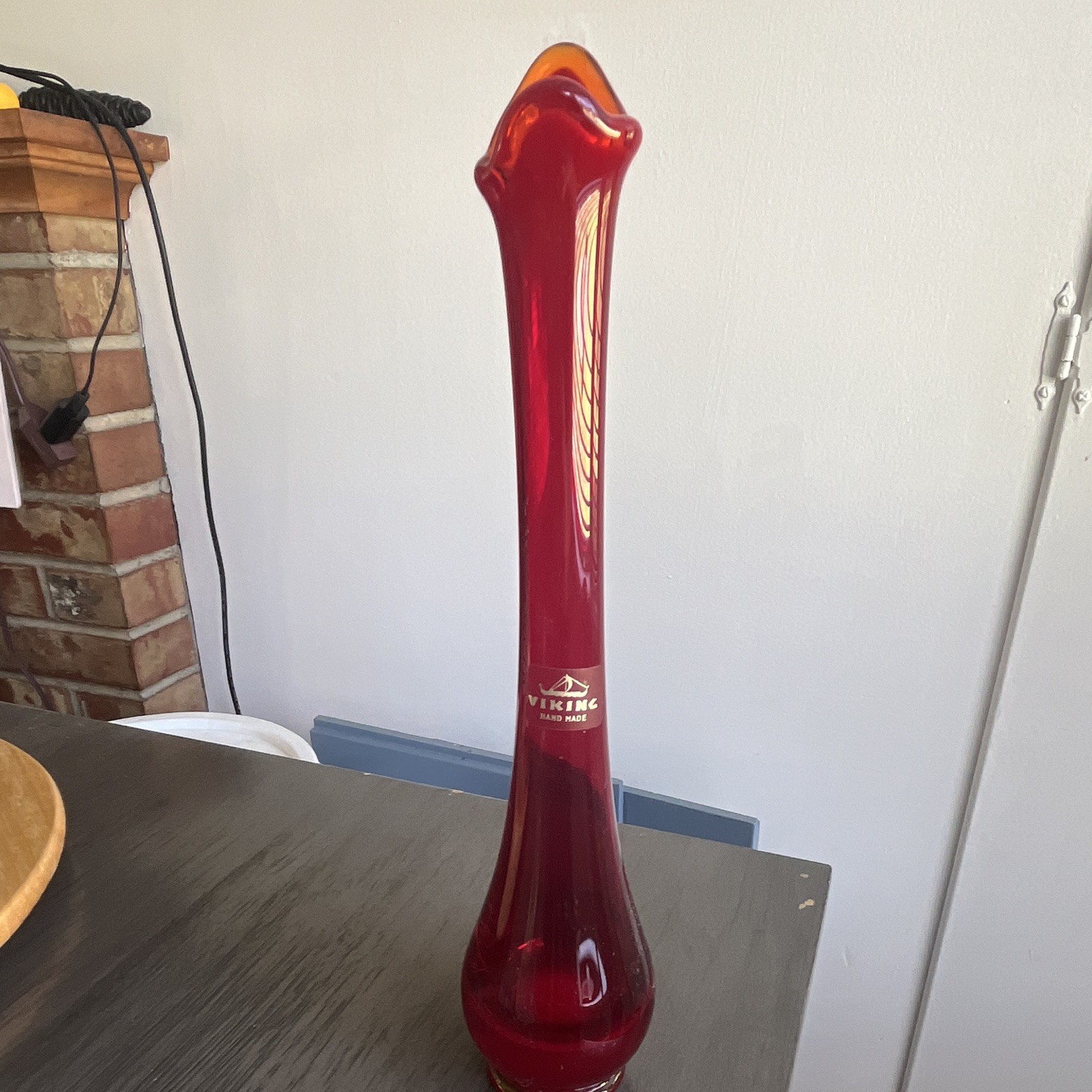 Viking Handmade Red Art Glass Flower Vase, Sculptural Swirl Asymmetrical