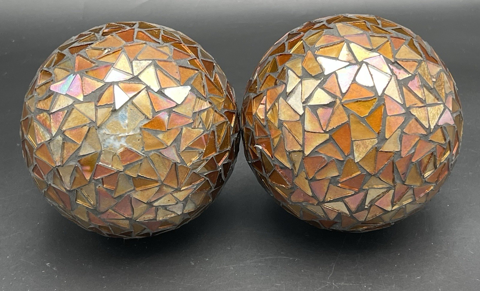 Mosaic Glass Decorative Balls Set of 2 Orbs Brown Gold 4in