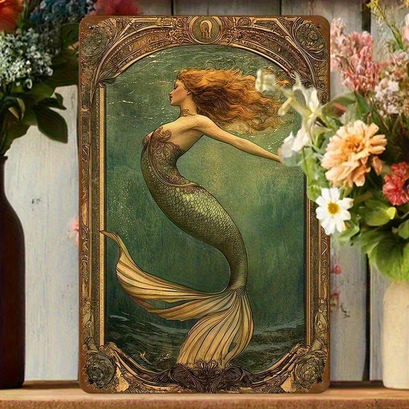 Vintage Mermaid Tin Metal Signs – Rust-Proof Iron Metal Wall Decor with Golden B