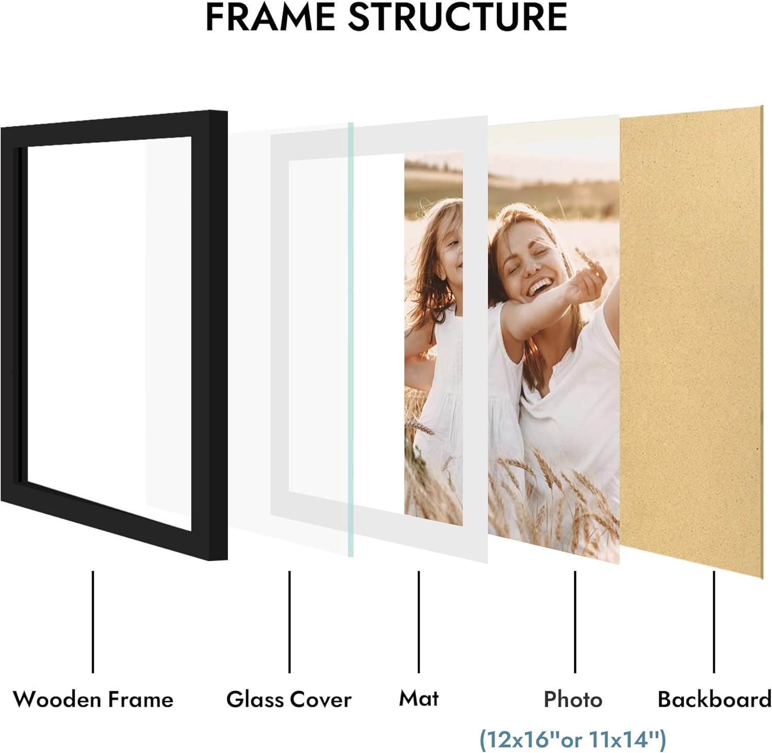 12X16 Picture Frame with Glass, Display Picture 11X14 with Mat or 12X16 without