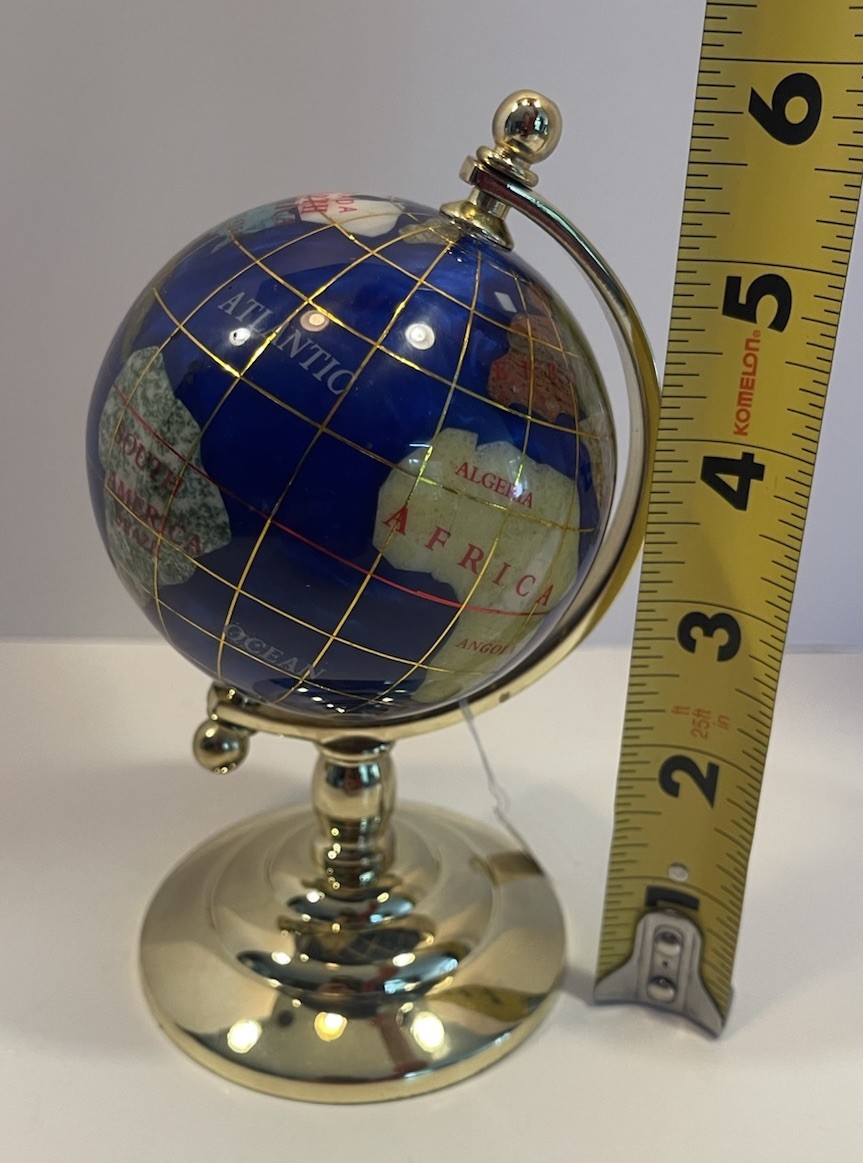 New in Box Brass Blue Lapis Inlaid Gemstone Desk Globe Cast Rotating Decor 6”