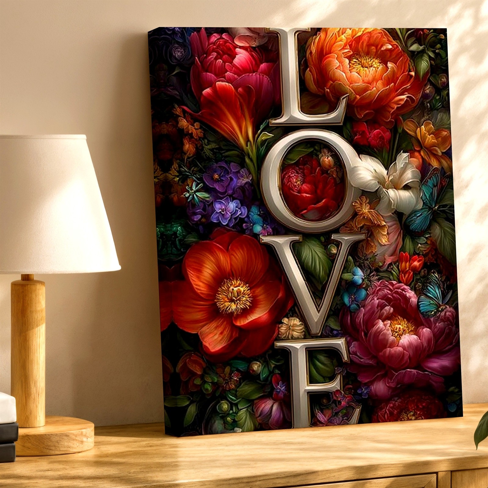 Wall Art Floral LOVE Letter Print Romantic Flower Butterfly Vertical Home Decor