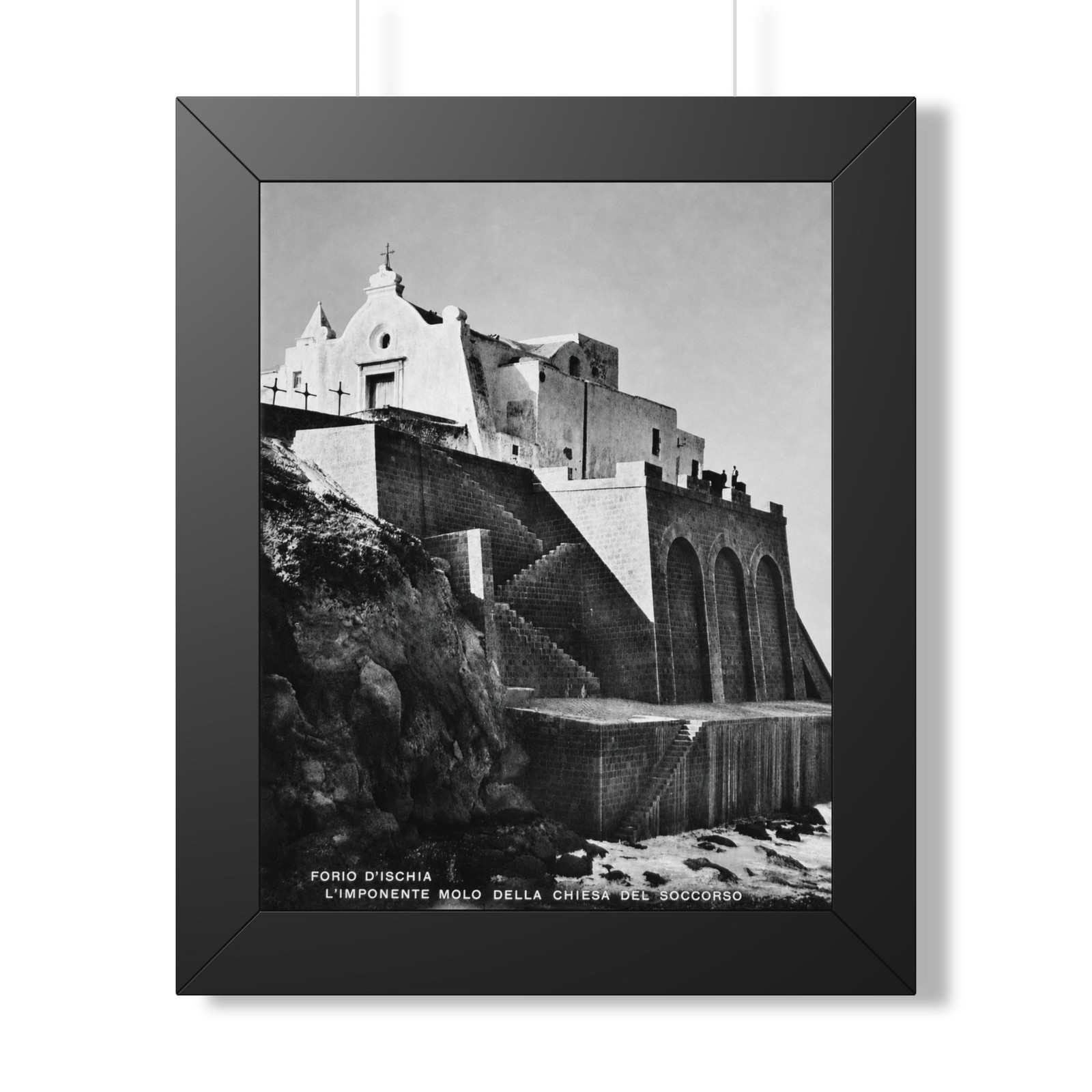 Vintage Forio Ischia Italian Coastal Photo Framed Vertical Poster Black & White