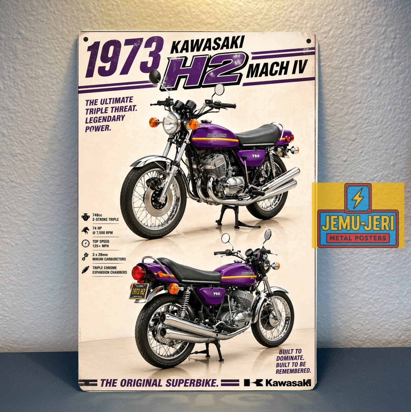 1973 Kawasaki H2 Mach IV Motorcycle Metal Poster 30x20cm Sign