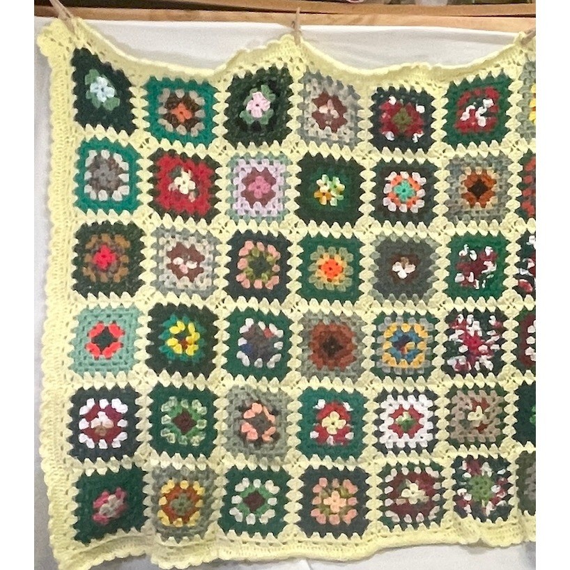 Handmade Granny Square Crochet Blanket Throw Yellow Trim Colorful Boho 72″ x 43″