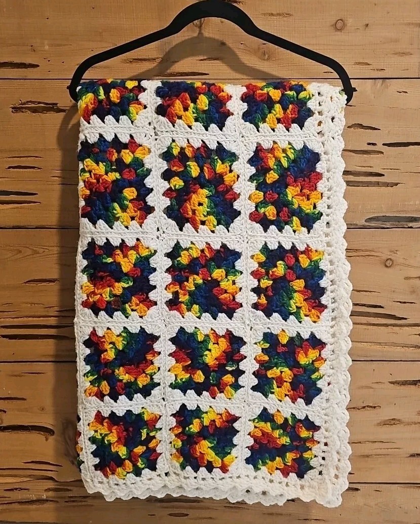 Granny Square Handmade Crochet Knitted Afghan Throw Blanket Rainbow 66″X50″