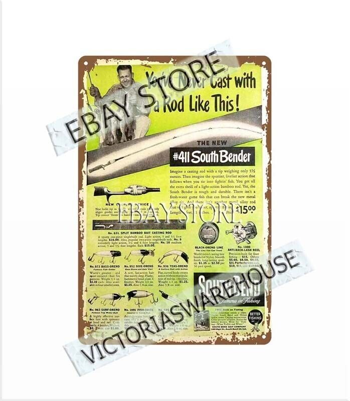 1947 tackle box gear fishing Rods Reels Lures Indiana tin sign cabin log house