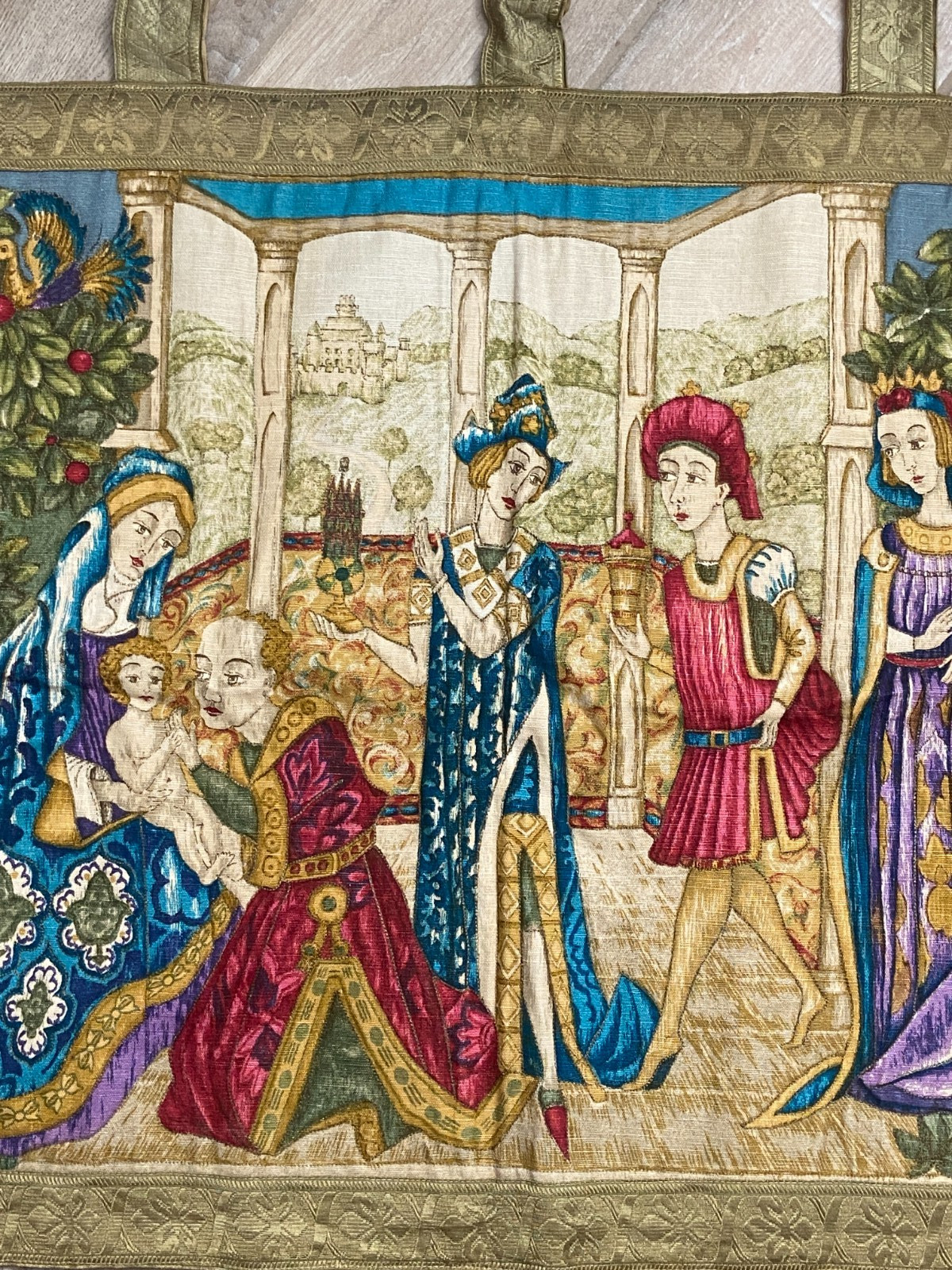 Vtg Medieval Court Life Pictorial French Pastoral Tapestry Wall Hanging 52″ x 25
