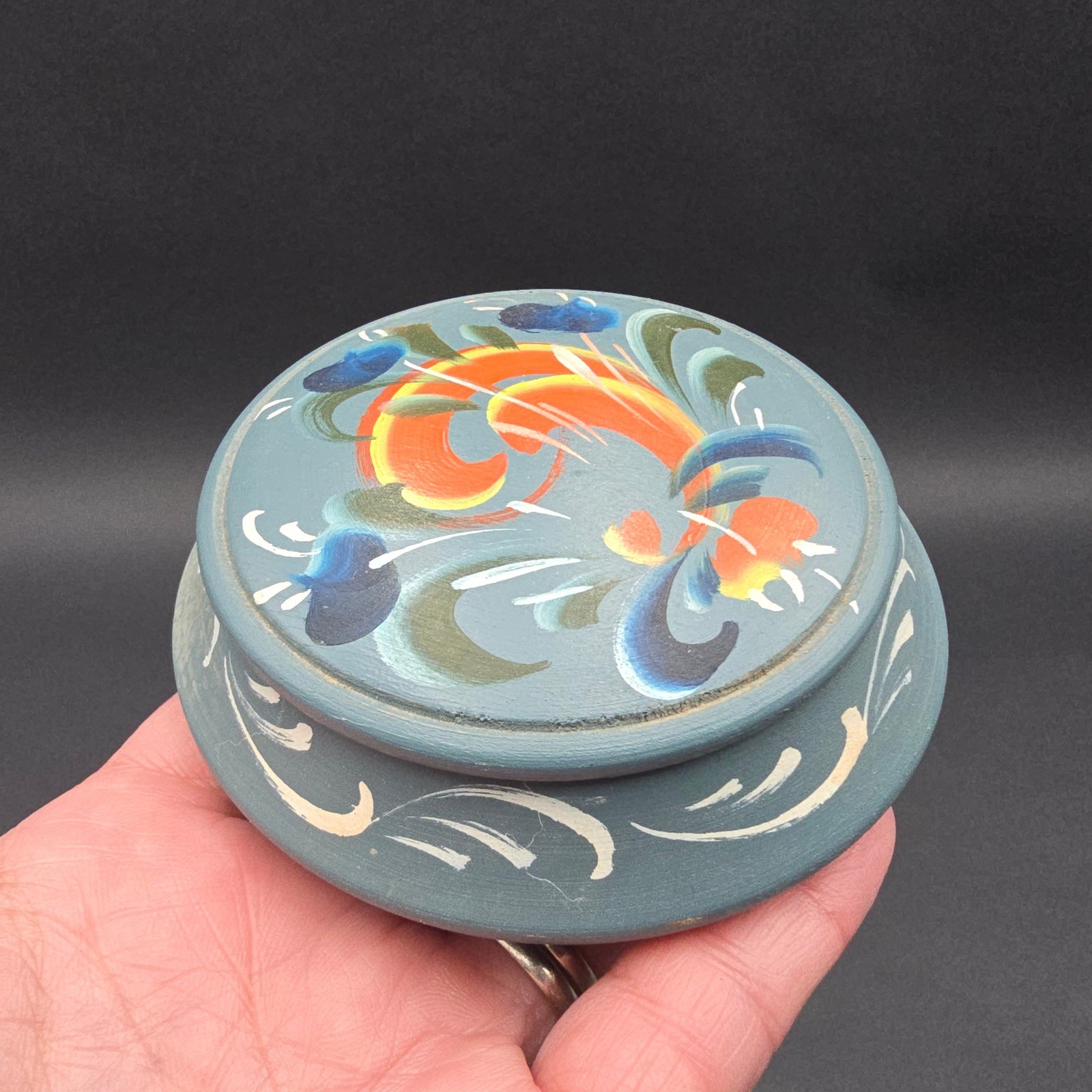 Vintage Hand Painted Rosemaling Wooden Trinket Box Blue Floral Folk Art Lidded