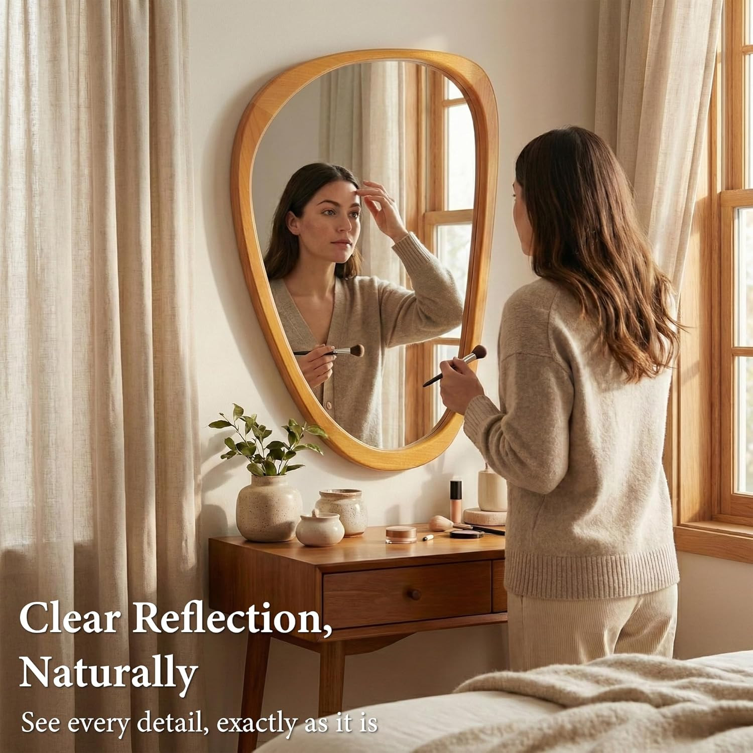Asymmetrical Solid Wood Mirror – Japandi Boho Natural Accent in Warm Walnut