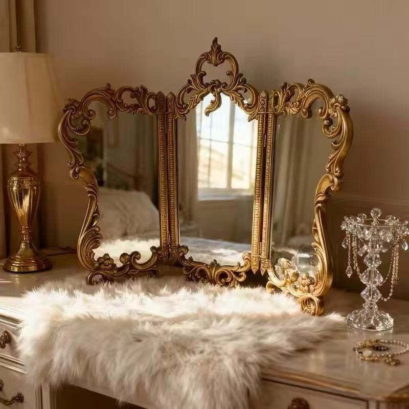 French Vintage Vanity Mirror Ornate Gold Tabletop Mirror Baroque Triple Folding