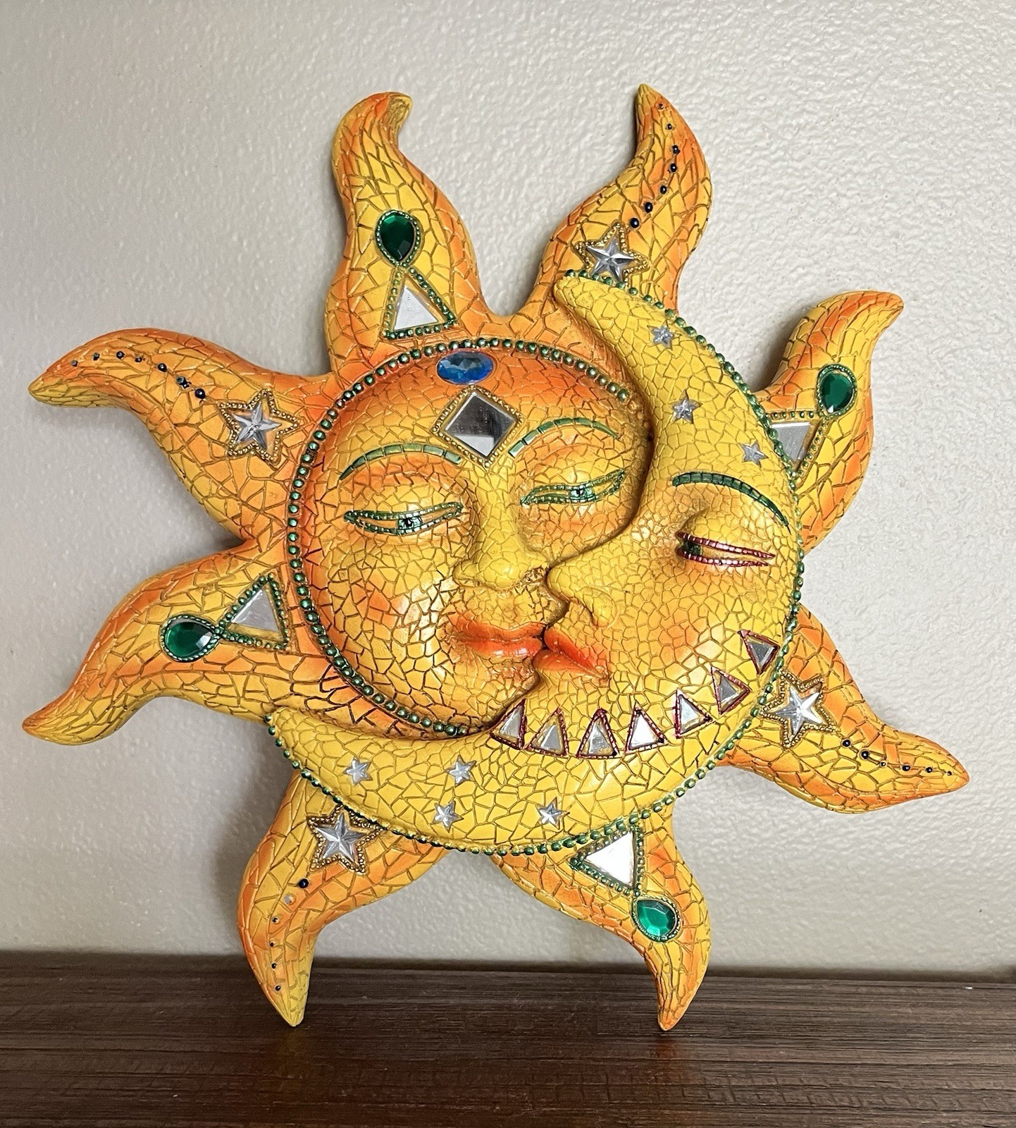 12” Orange Yellow Mosaic Face Sun and Moon Wall Hanging