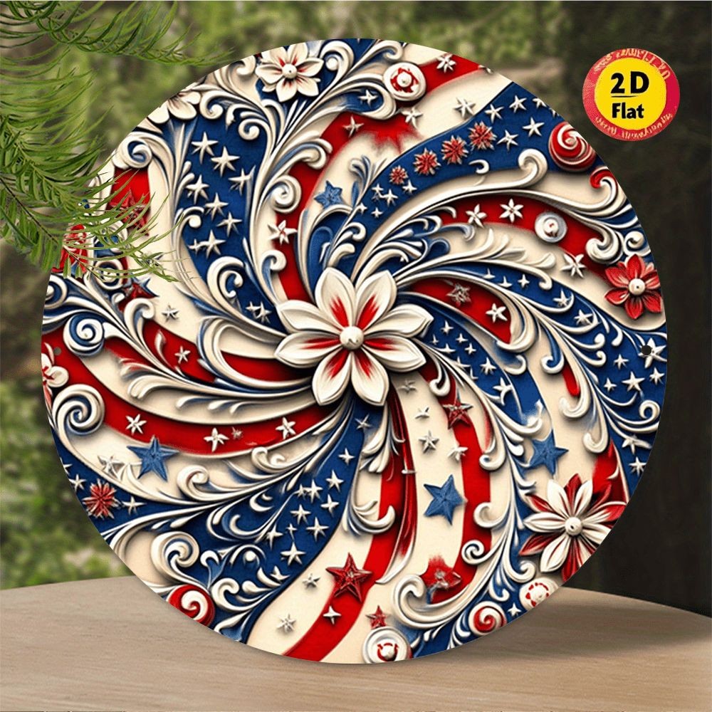 Patriotic USA Swirl Floral Metal Sign 4th Of July Independence Day Door Decor