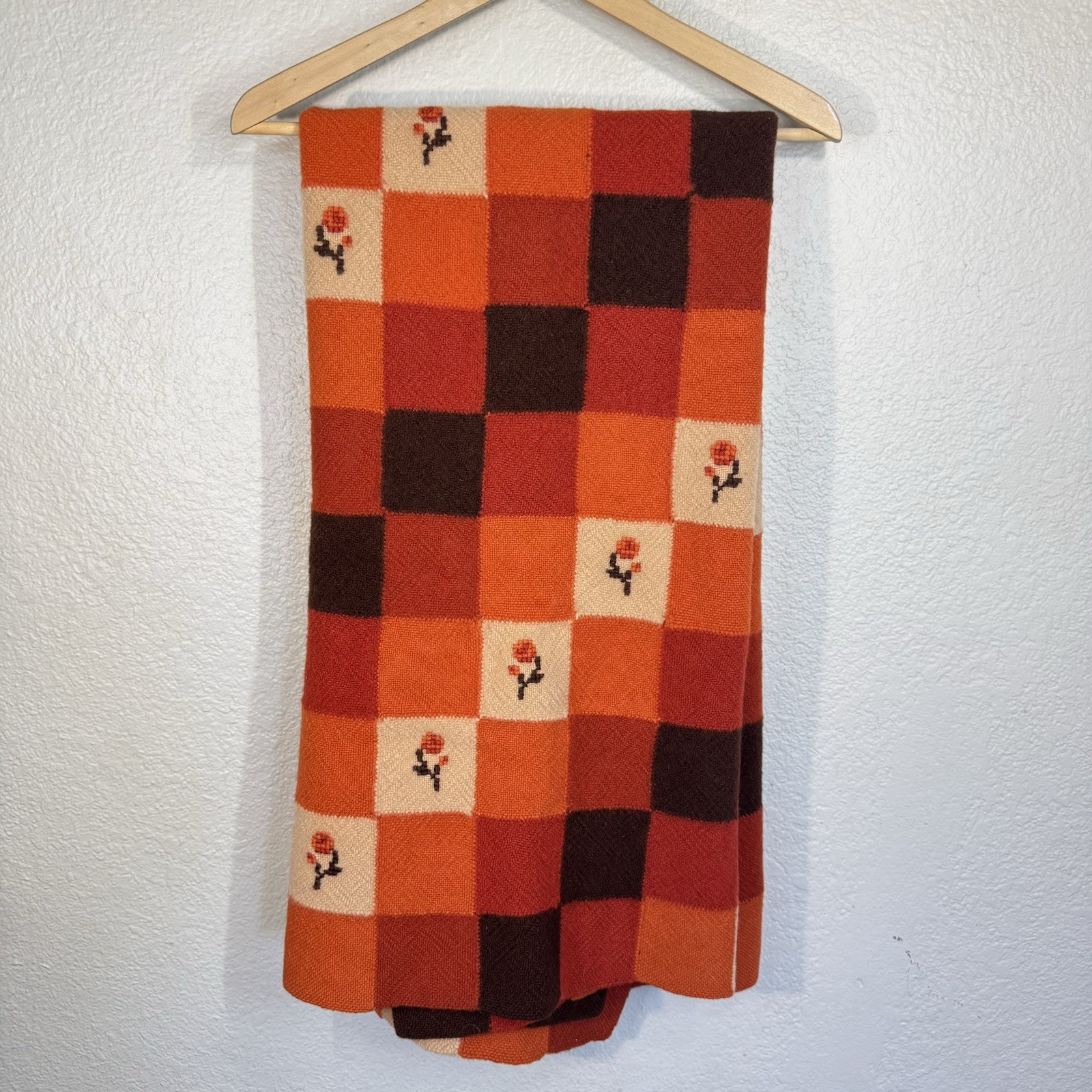 VTG Handmade Wool Blanket Rug Checkered Pattern Embroidered Flowers 52×39 Retro