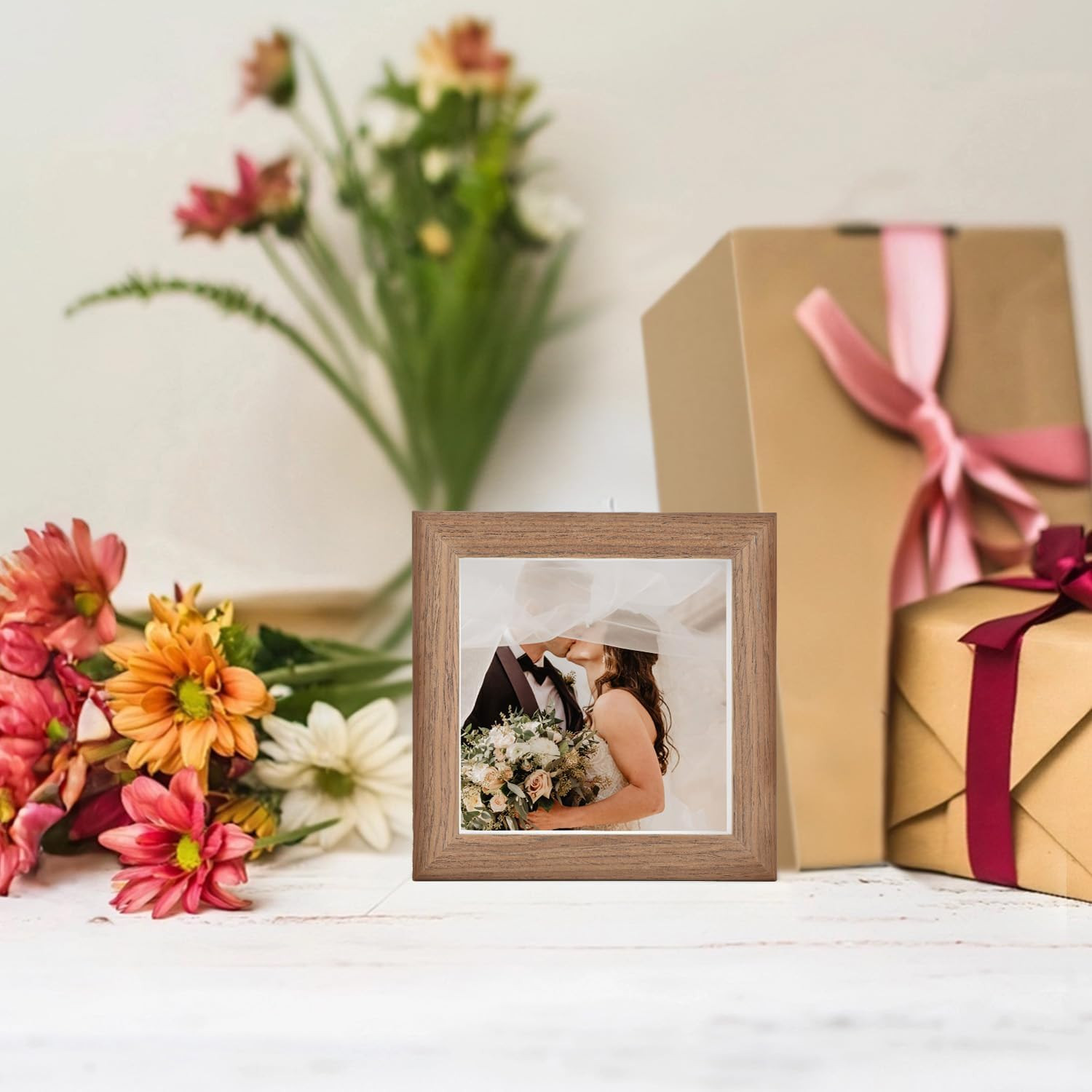4X4 Picture Frames – Small Photo Frame for Tabletop Display, Brown Wooden Square