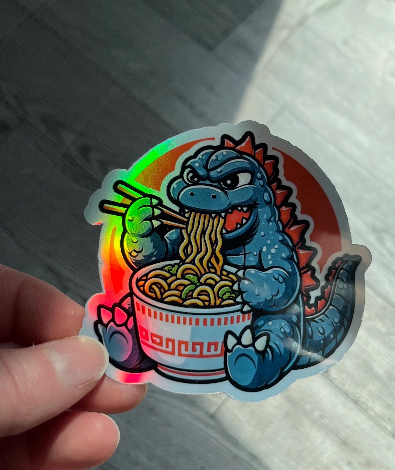 3Inch Godzilla eating ramen Holographic 3 Inch Waterproof Sticker