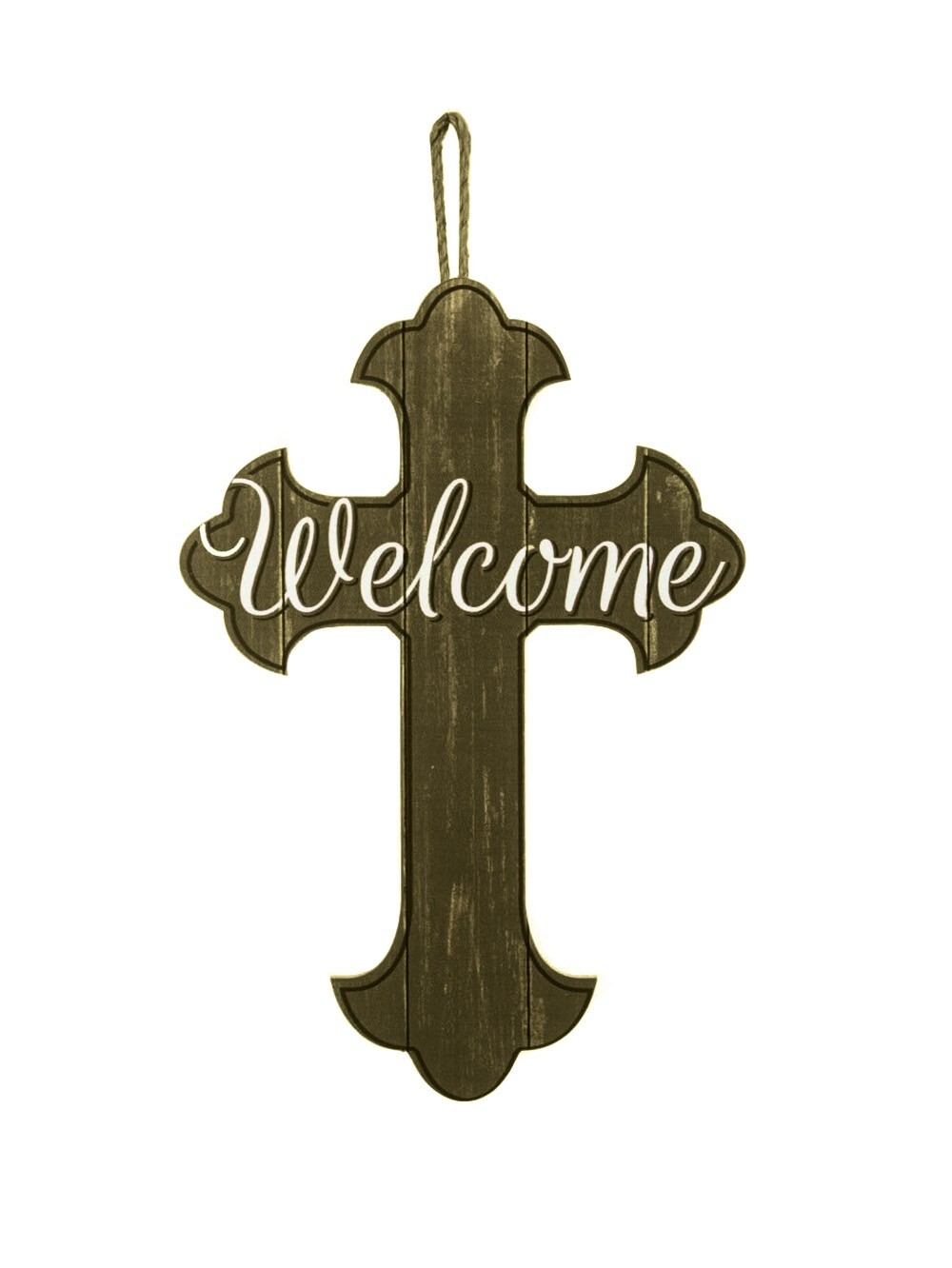 Welcome Cross Front Door Sign – 16″ x 11″, Brown, Christian Decor