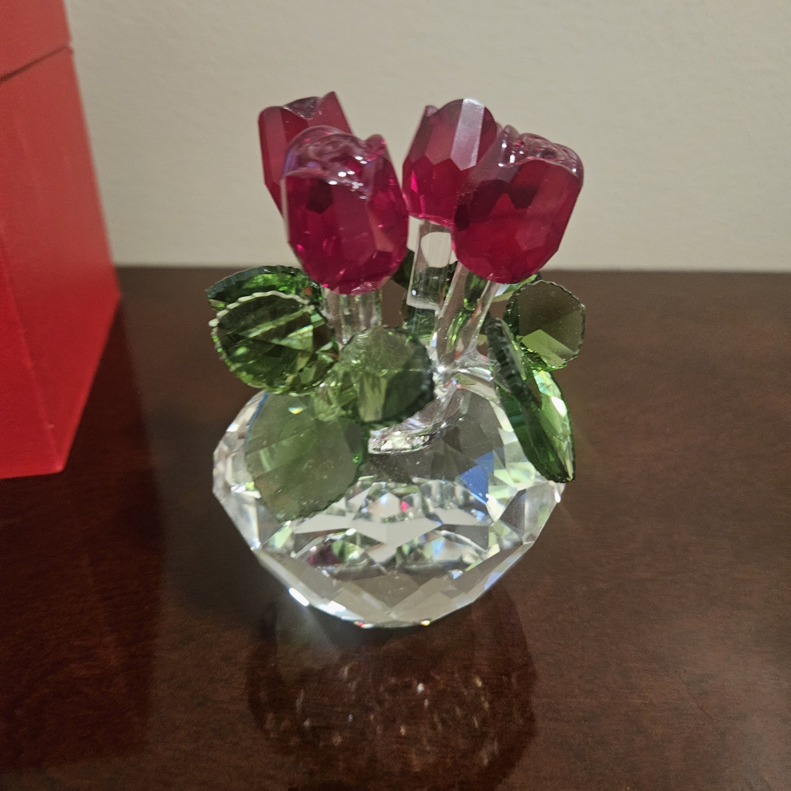 Crystal Red Rose Boquet Figurine H&D Hyaline Dora Free Standing In Box
