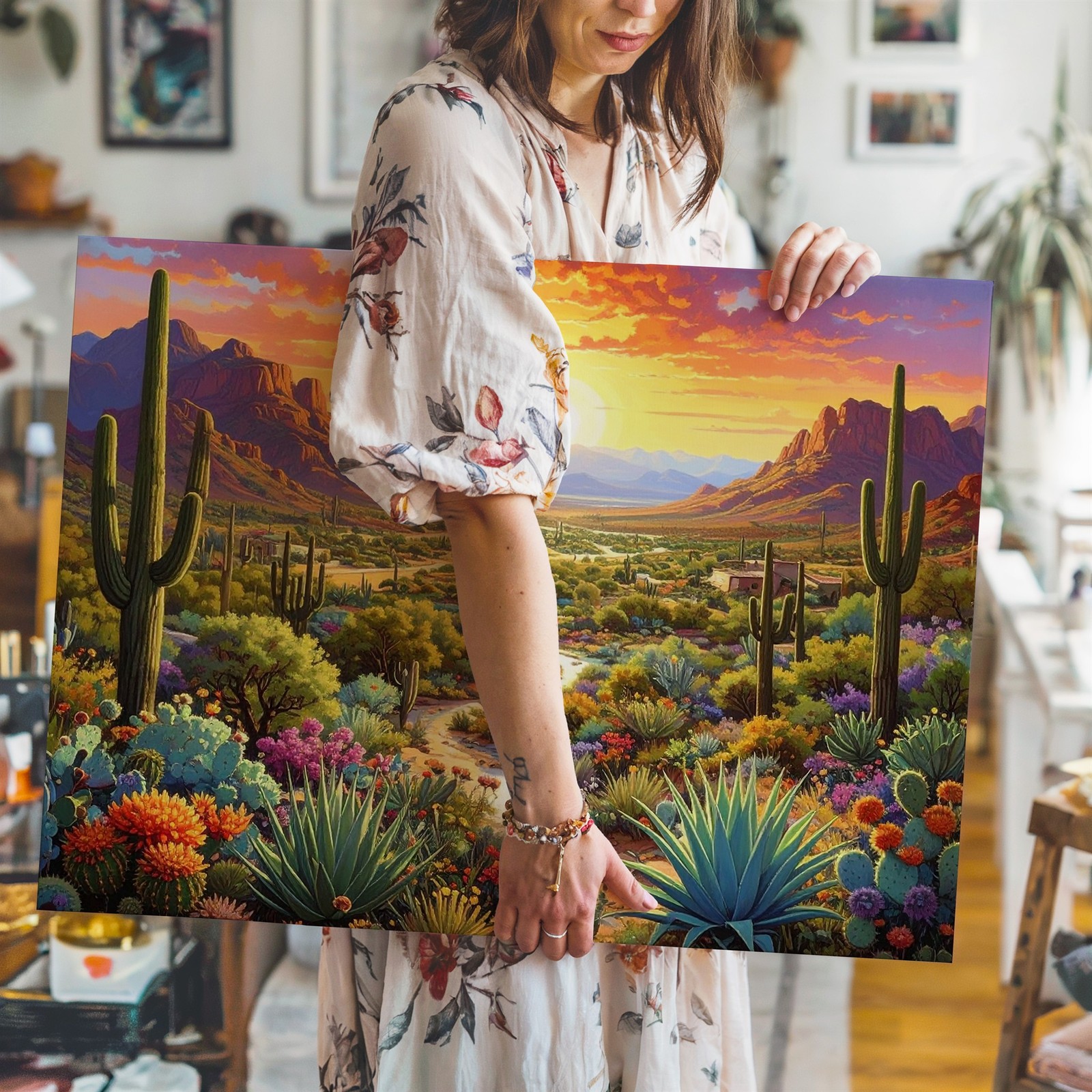 Canvas Wall Art a Richly Detailed Desert Painting Featuring a Lush Valley