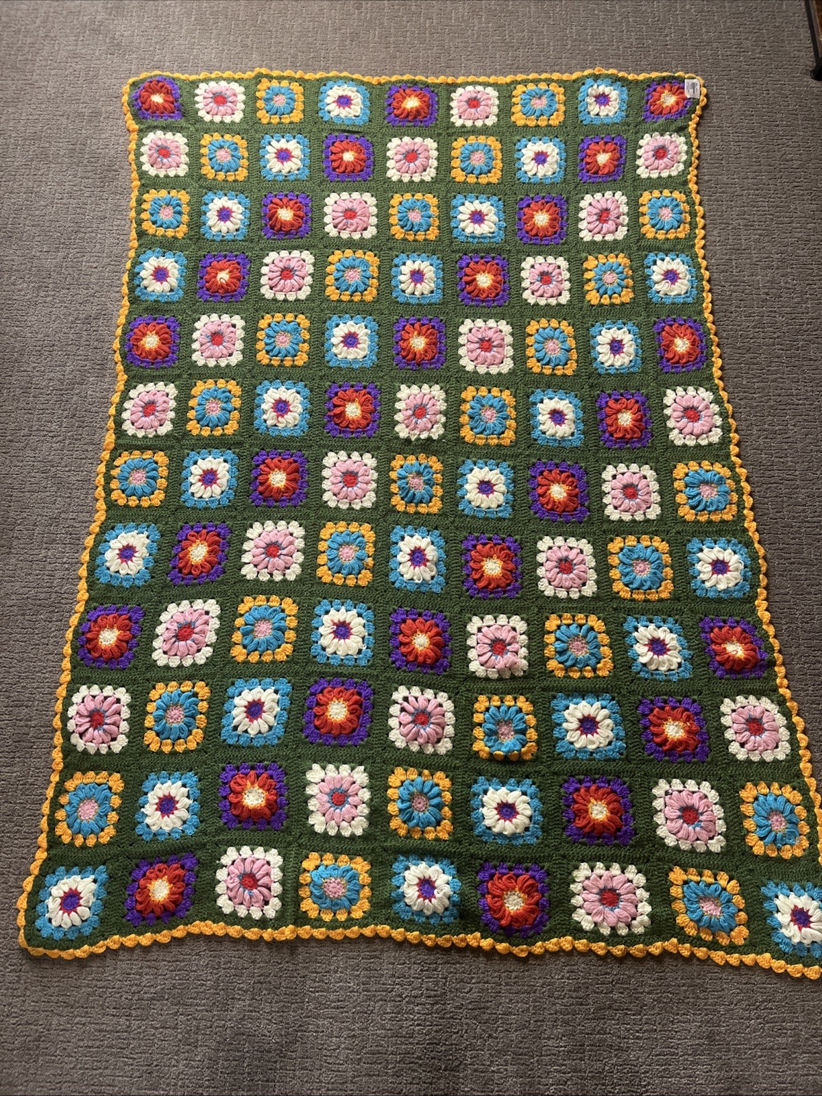 Vintage Crochet Granny Square Afghan Blanket 68×52” Green Yellow Philippines