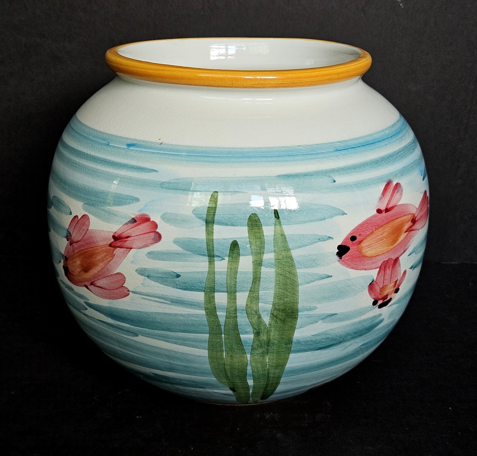 RARE Vtg Pottery Barn Gold Fish Bowl Vase Planter Pot Italy Ocean Sea Decor