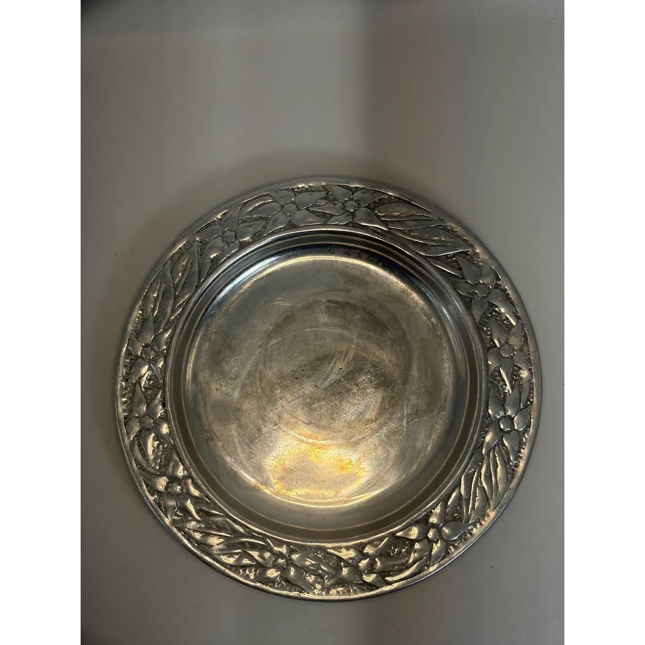 Vintage Floral Embossed Pewter Metal Decorative Plate Charger 7.5 Inch