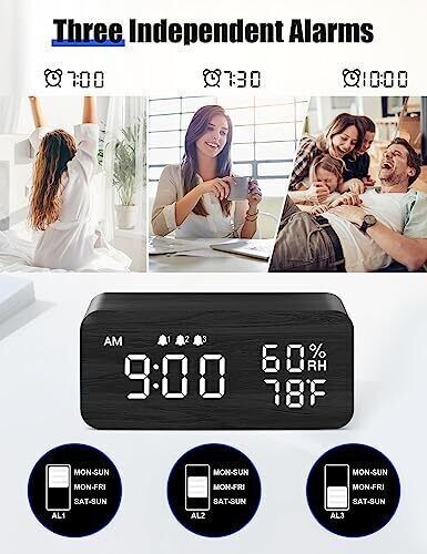 Wooden Digital Alarm Clock with Wireless Charging, Dimmable, Adjustable Grey