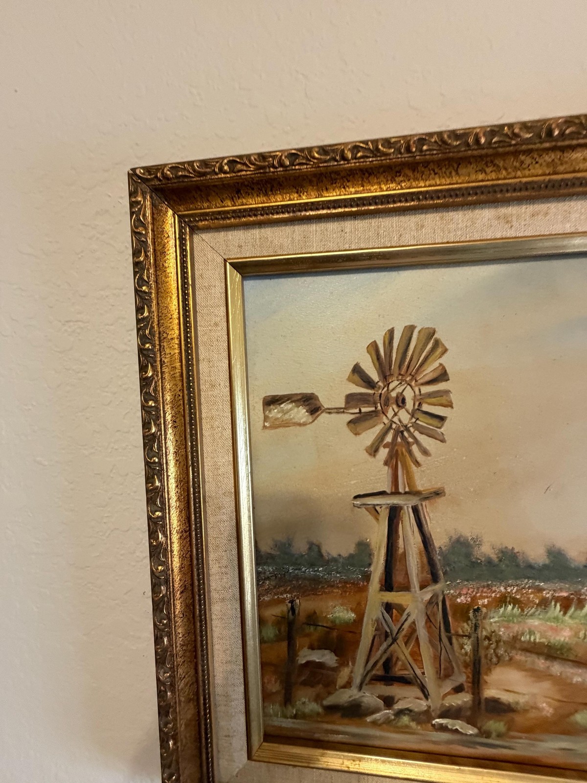 Vintage Oil Painting Signed Iva Frazier Windmill Barn Farm Landscape