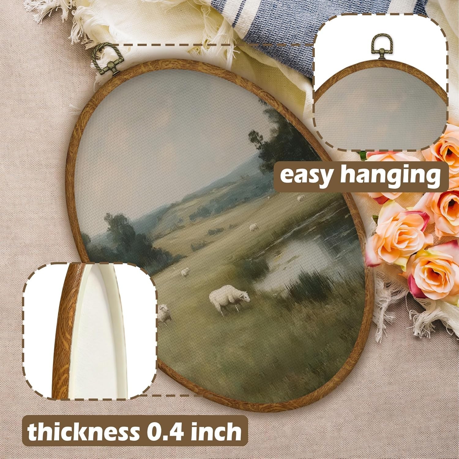Vintage Sheep Oval Wall Art Decor, Rustic Country Oval Canvas Prints Framed, …