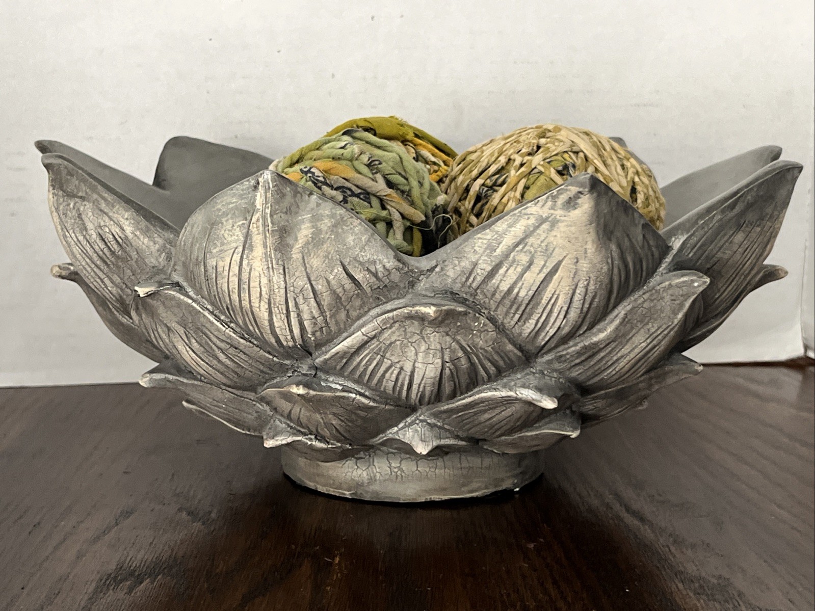 Plastic Resin Decorative Bowl Grey With 3 Decorative Yarn Balls