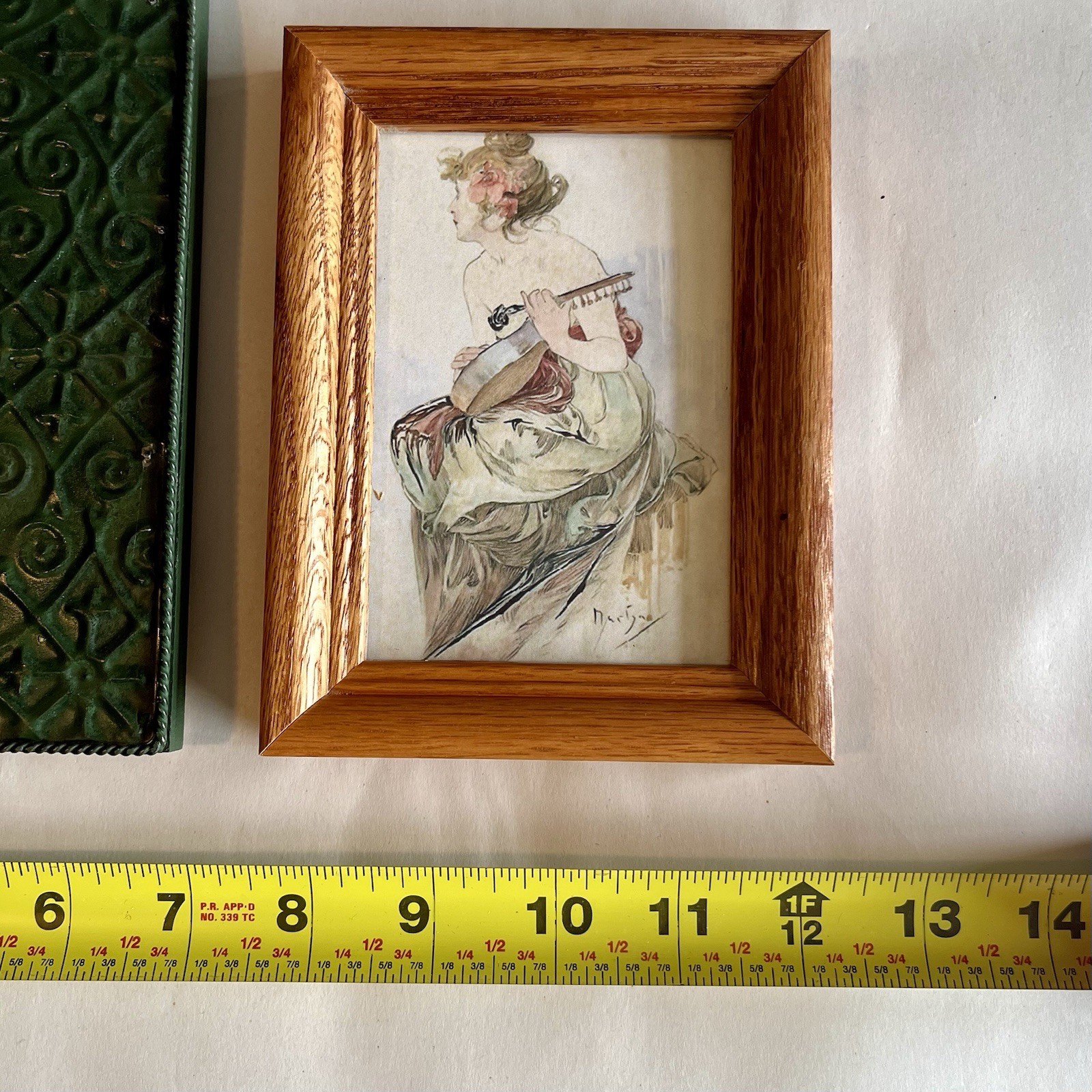 Vintage Wood Green Metal Picture Photo Frames w/ Fine Art Prints-Set of 2