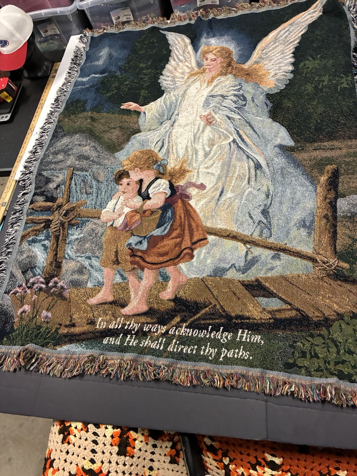 Direct Thy Paths Guardian Angel Watch Children Over Stream Tapestry Throw 62×50