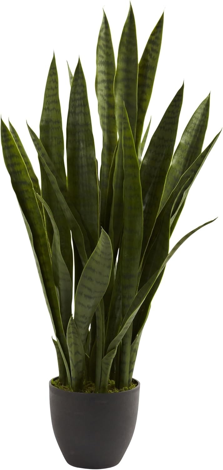 35in Artificial Snake Plant, Sansevieria Faux Greenery with Black Planter for