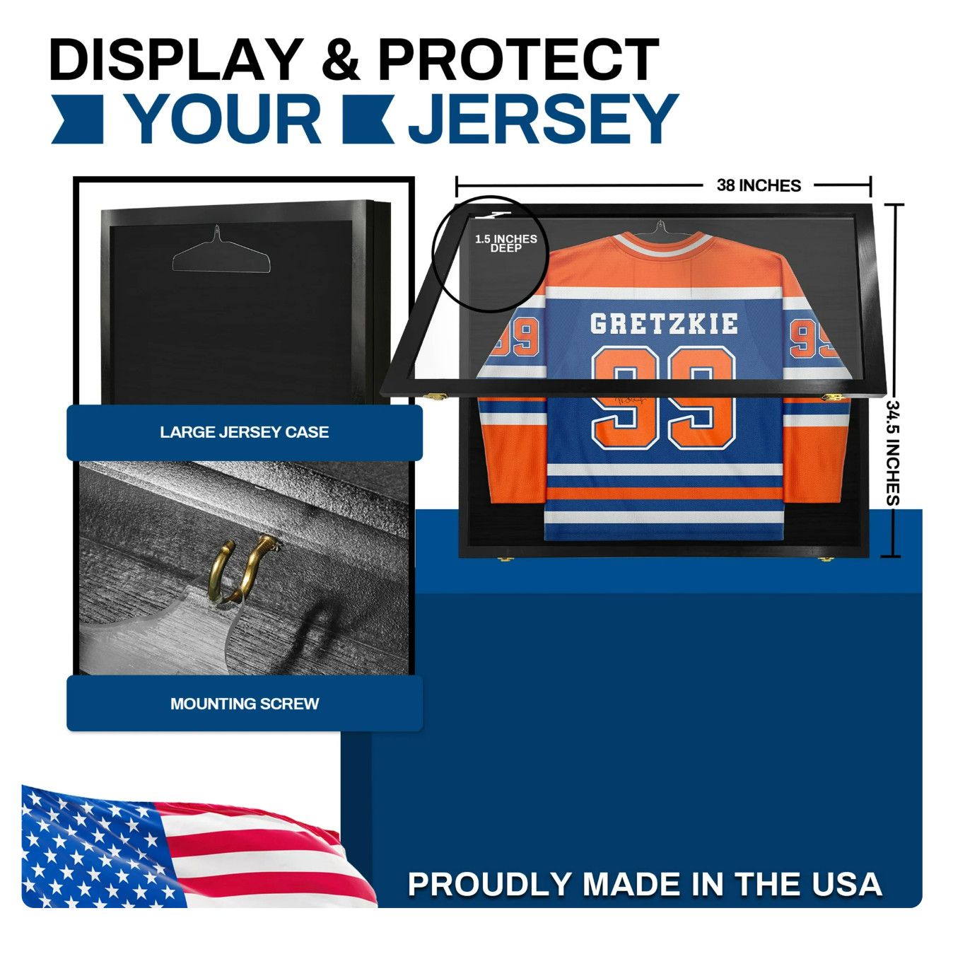 Jersey Display Case 38 x 35 In XXXL Black Uniform Wood Frame USA Wall Cabinet
