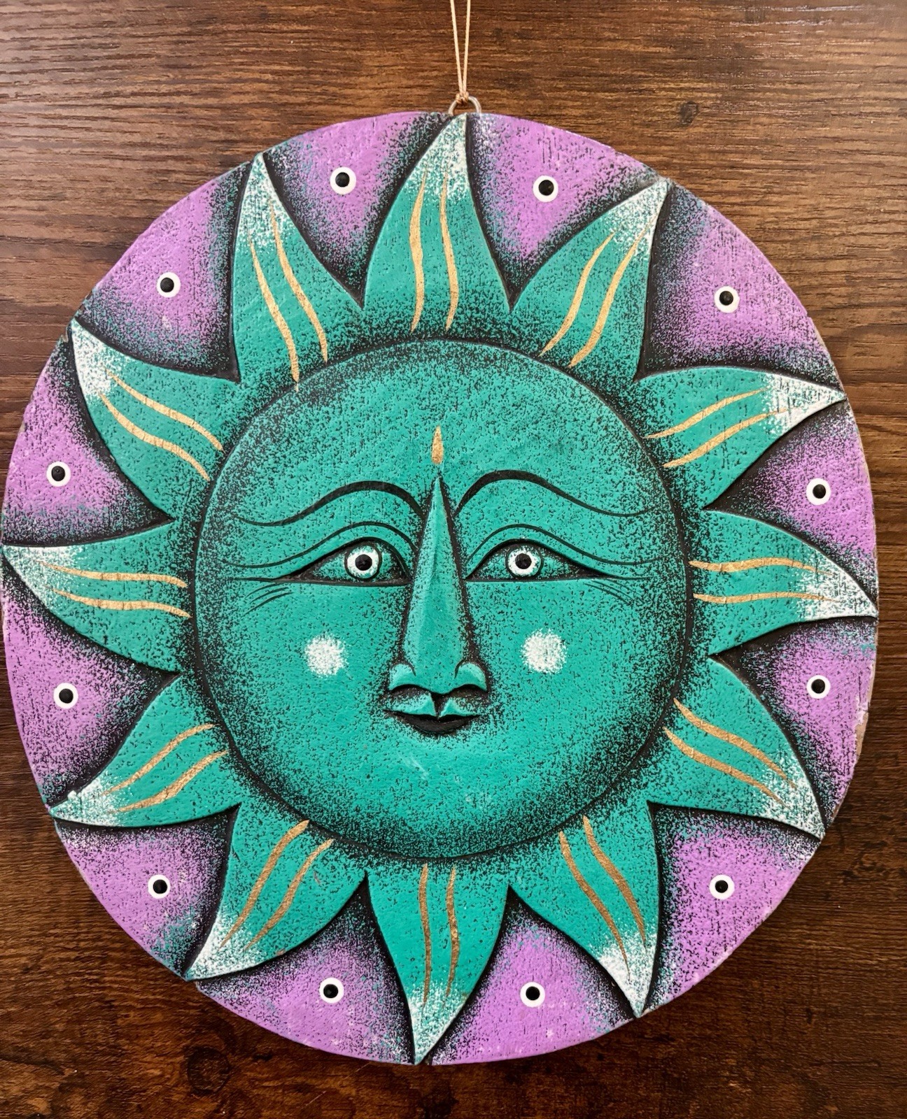 Vintage 90s y2k Wooden Celestial Sun & Moon Hanging Plaque Art Decor Purple Teal