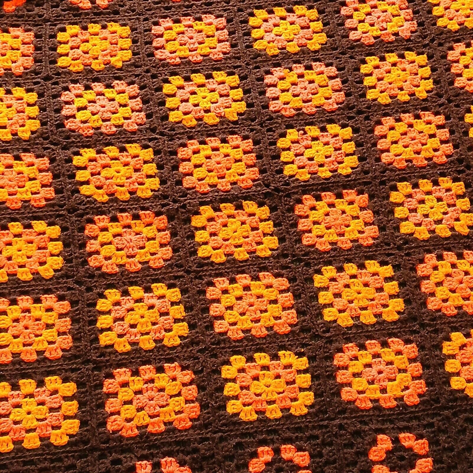 Granny Square Afghan Lap Throw Blanket Brown Yellow Orange Approx. 76”X 41”