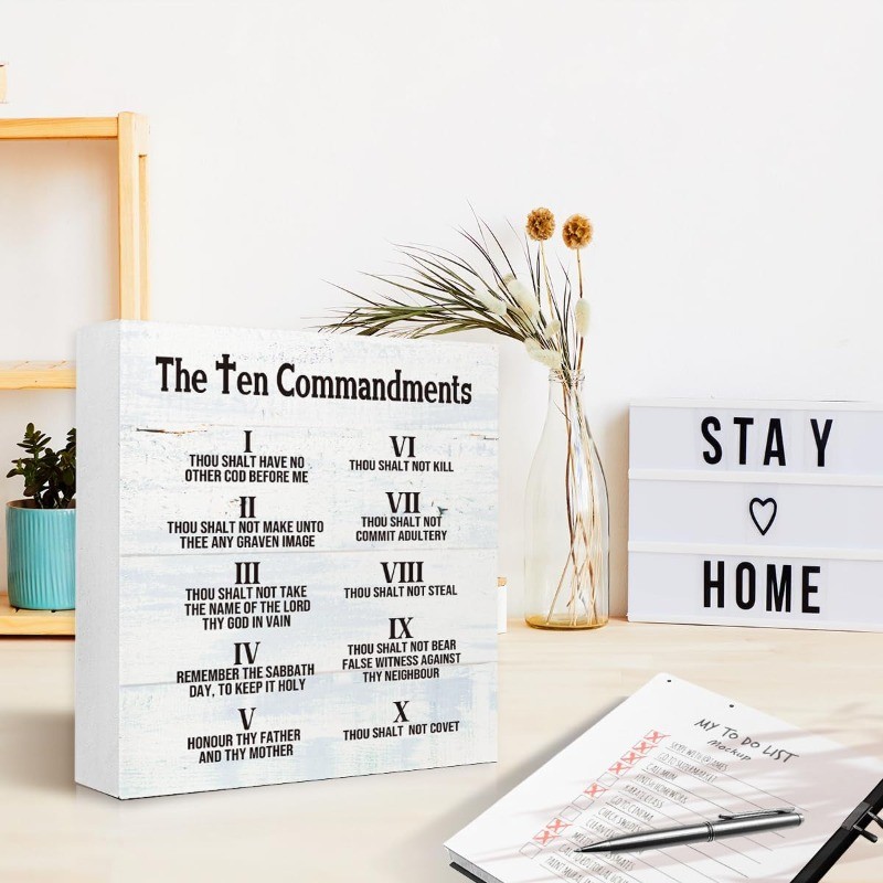 The Ten Commandments Scripture Wooden Block Sign Religious Home Decor Plaque