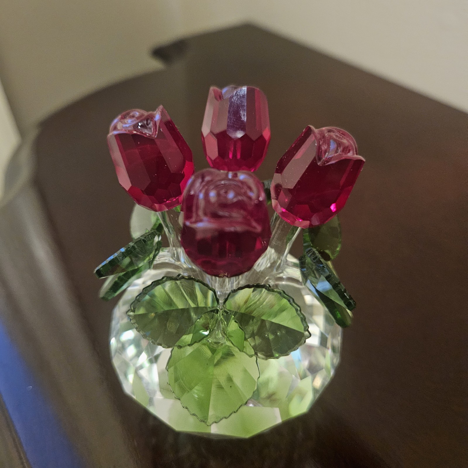 Crystal Red Rose Boquet Figurine H&D Hyaline Dora Free Standing In Box