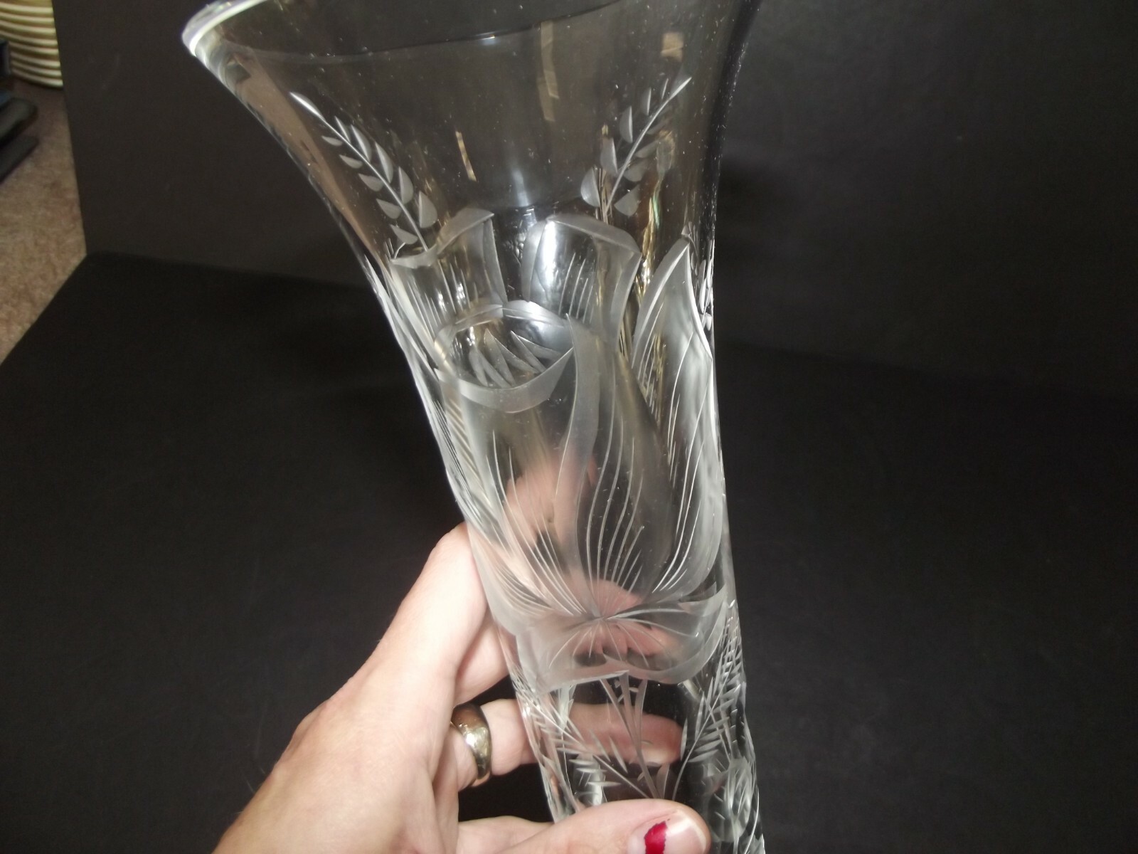 12″ footed Trumpet Flared VASE Art Glass leaded Crystal etched cut engraved Rose