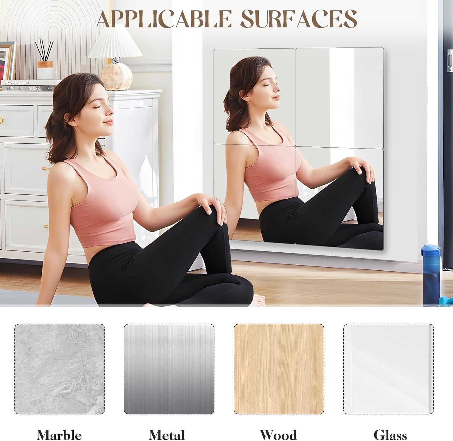 4 Pack Self Adhesive Acrylic Mirror, 8 x 8 Inch Frameless Shatterproof Stick