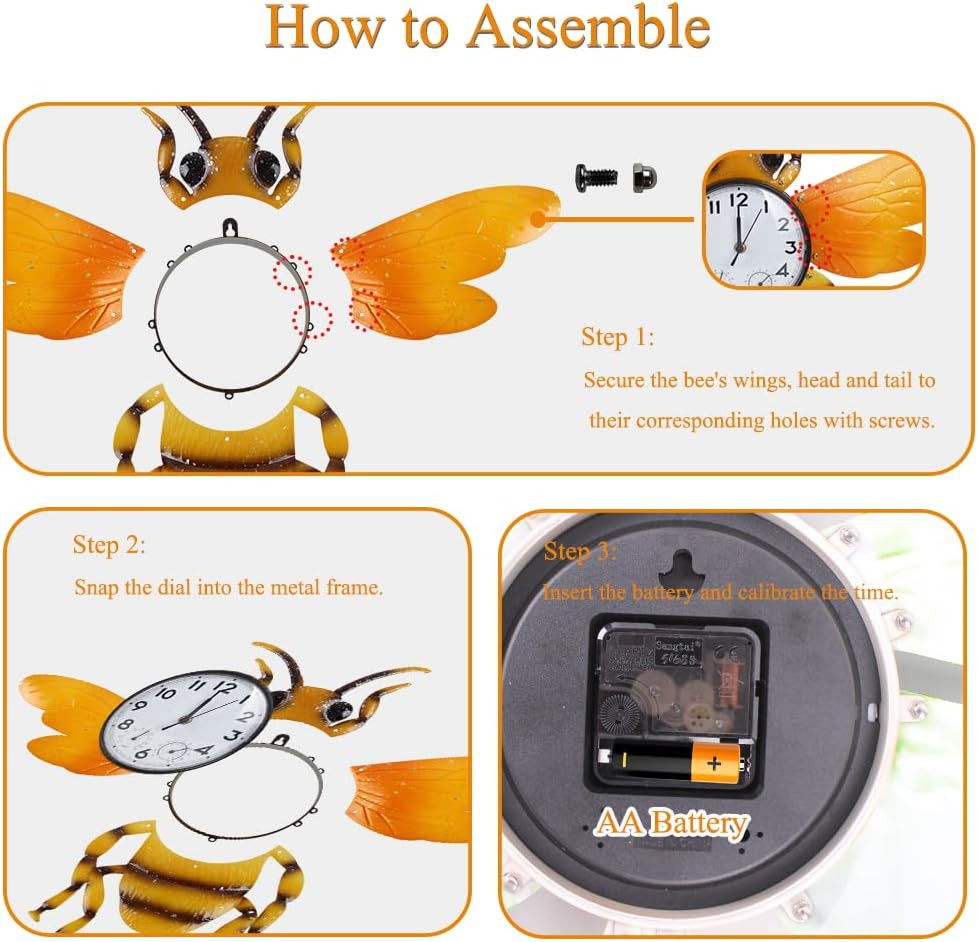 Unique Outdoor Clock Silent None-Ticking, Wall Yellow Bee
