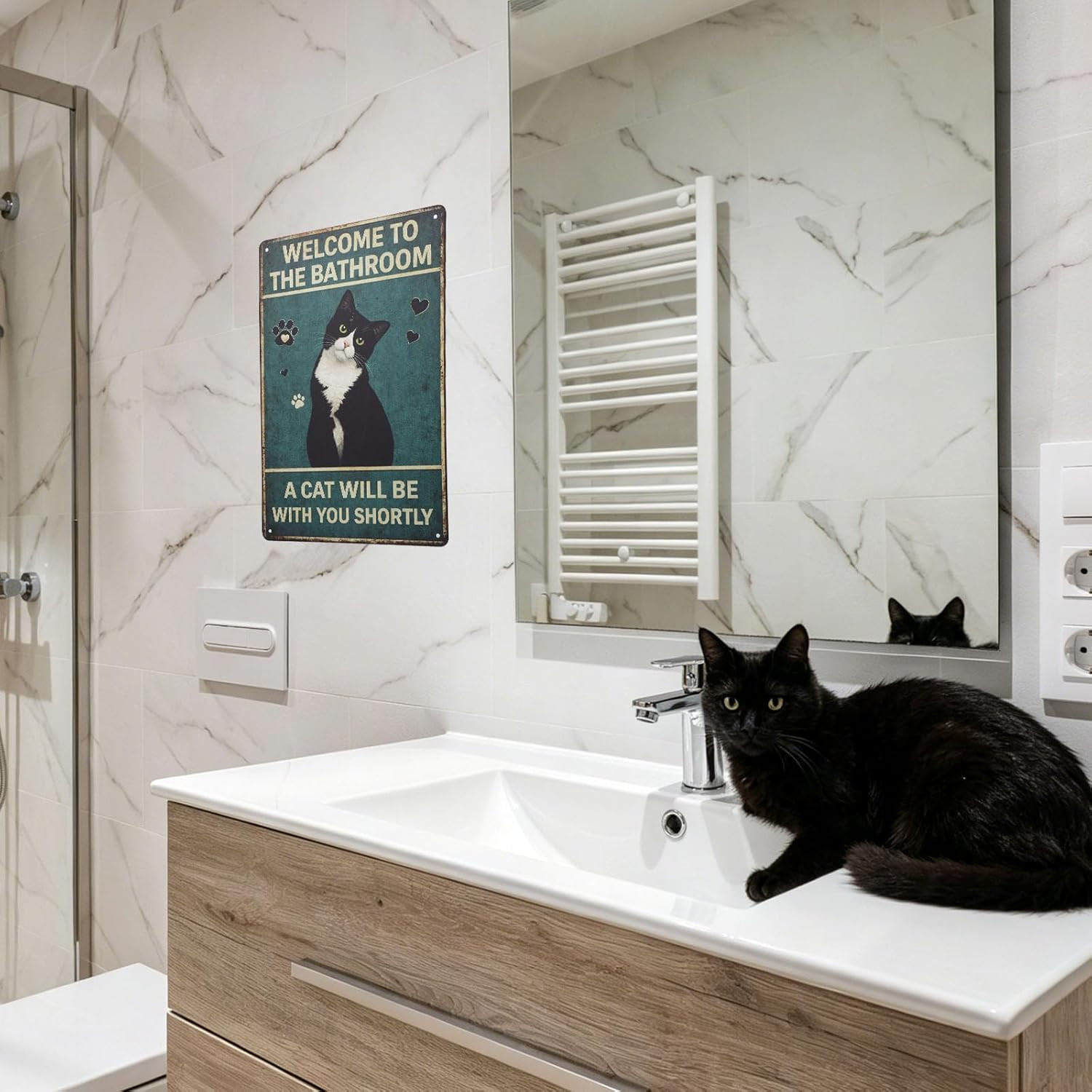 Funny Cat Bathroom Wall Art, 30X20Cm/12X8In Welcome to the Bathroom a Cat Will B
