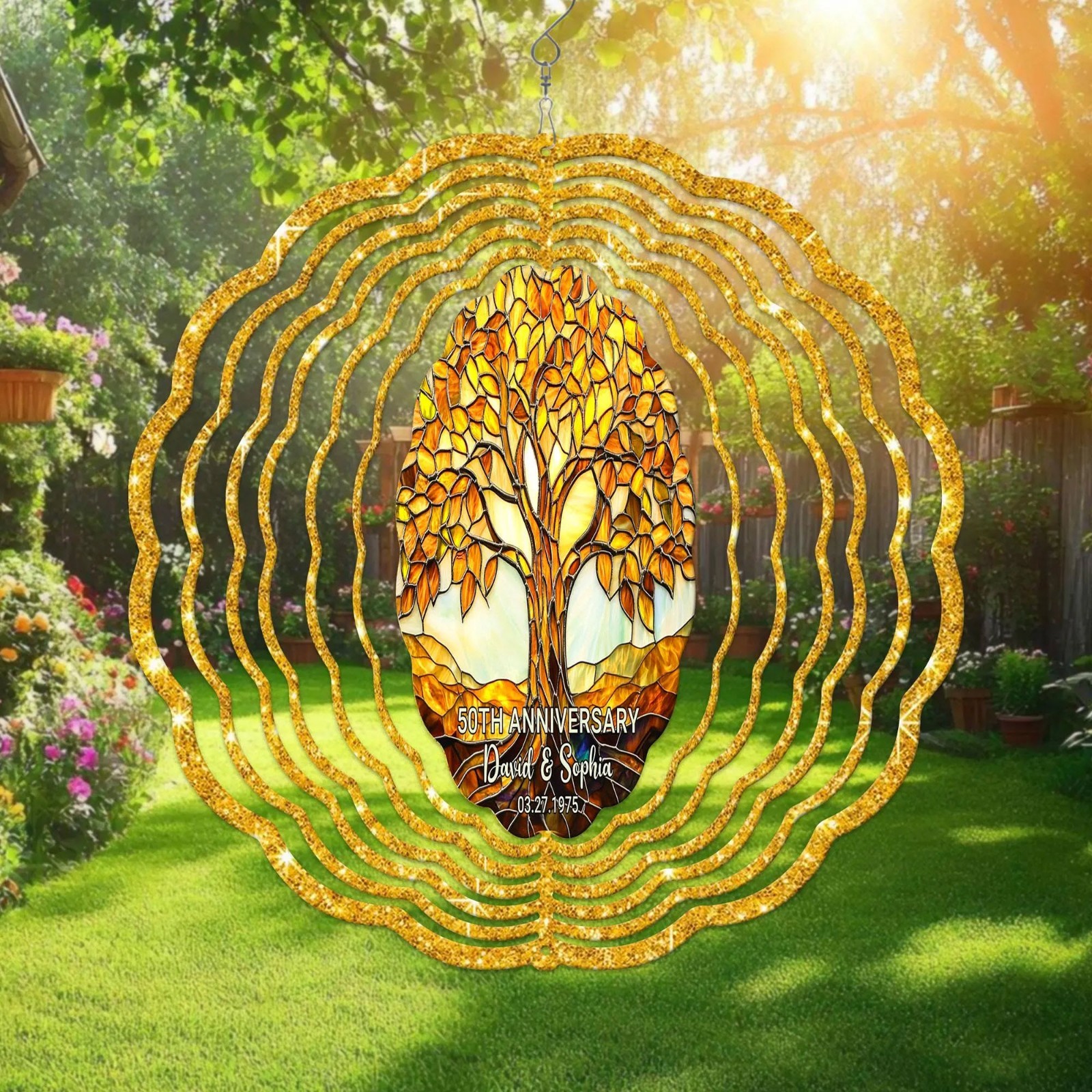 Personalized 50th Wedding Anniversary Wind Spinner Gold Garden Gift for Parents