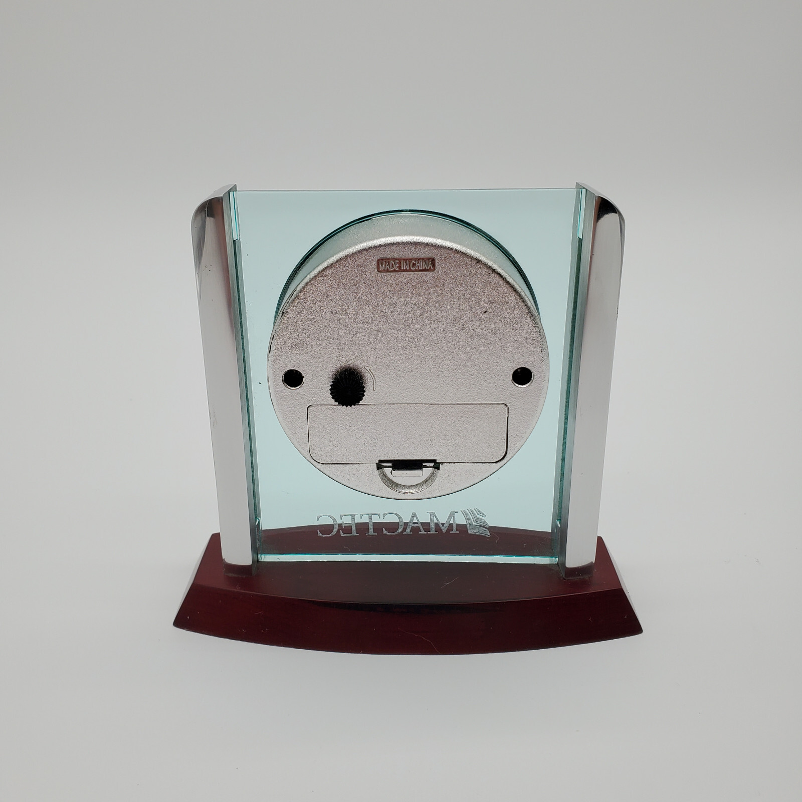 Mactec Branded Quarts Desk Clock Clear with Silver Tone on Red Wood