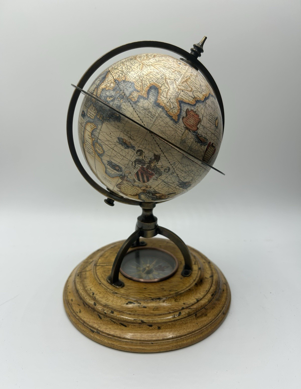 Authentic models vintage style globe with built in compass. 6” wide, 9” high