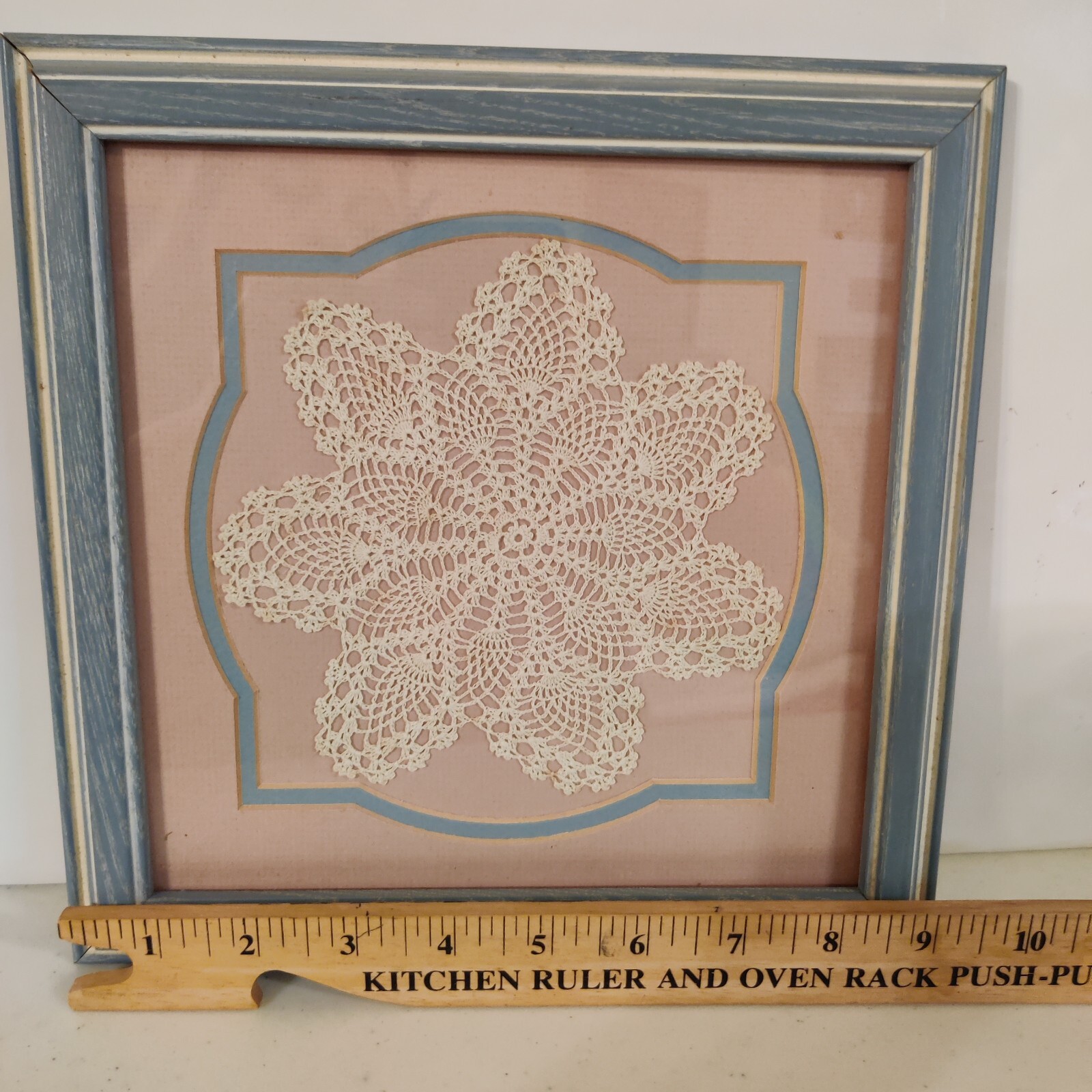 Framed Handmade Crotchet Snowflake Doily Lace vintage see pictures for condition