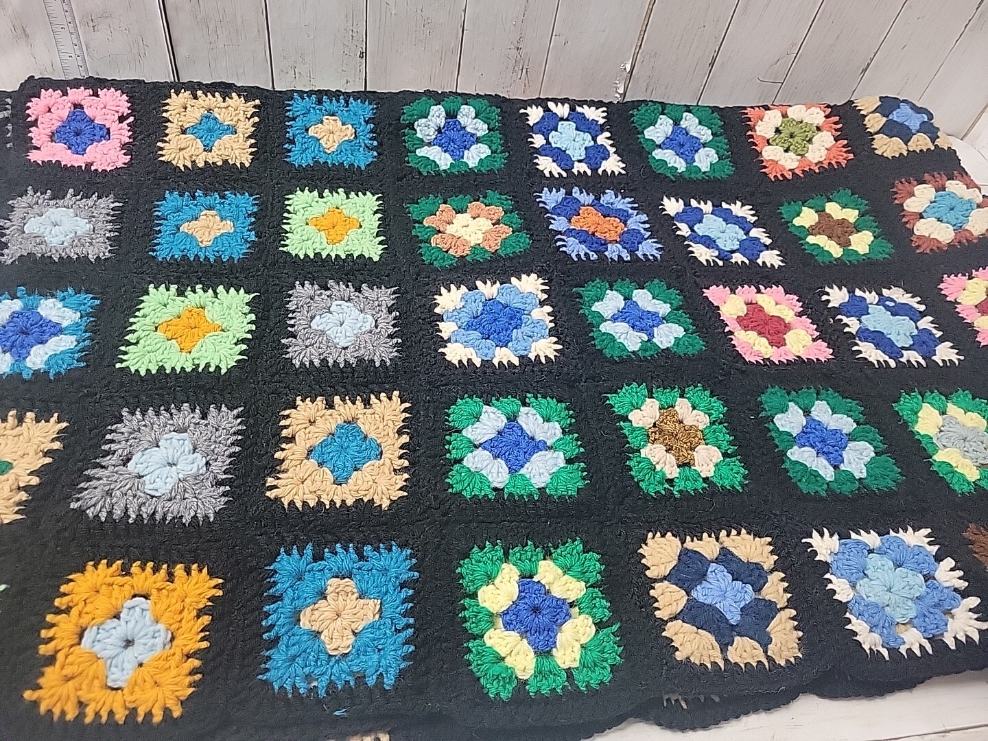 Vintage Granny Square Crochet Knitted Blanket Black Multicolor 44″ x 71″