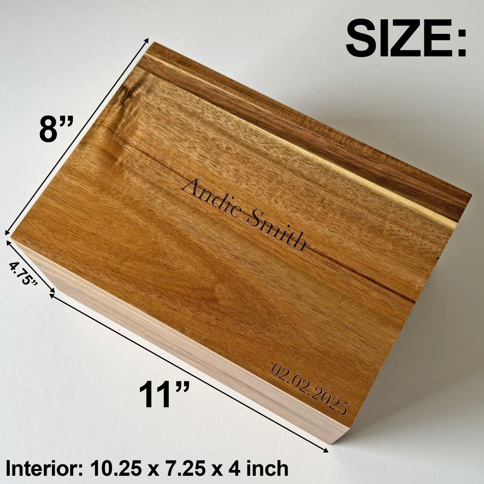 Personalized Storage Box w/ Hinged Lid, Acacia Wood, Wooden Memory Chest Large