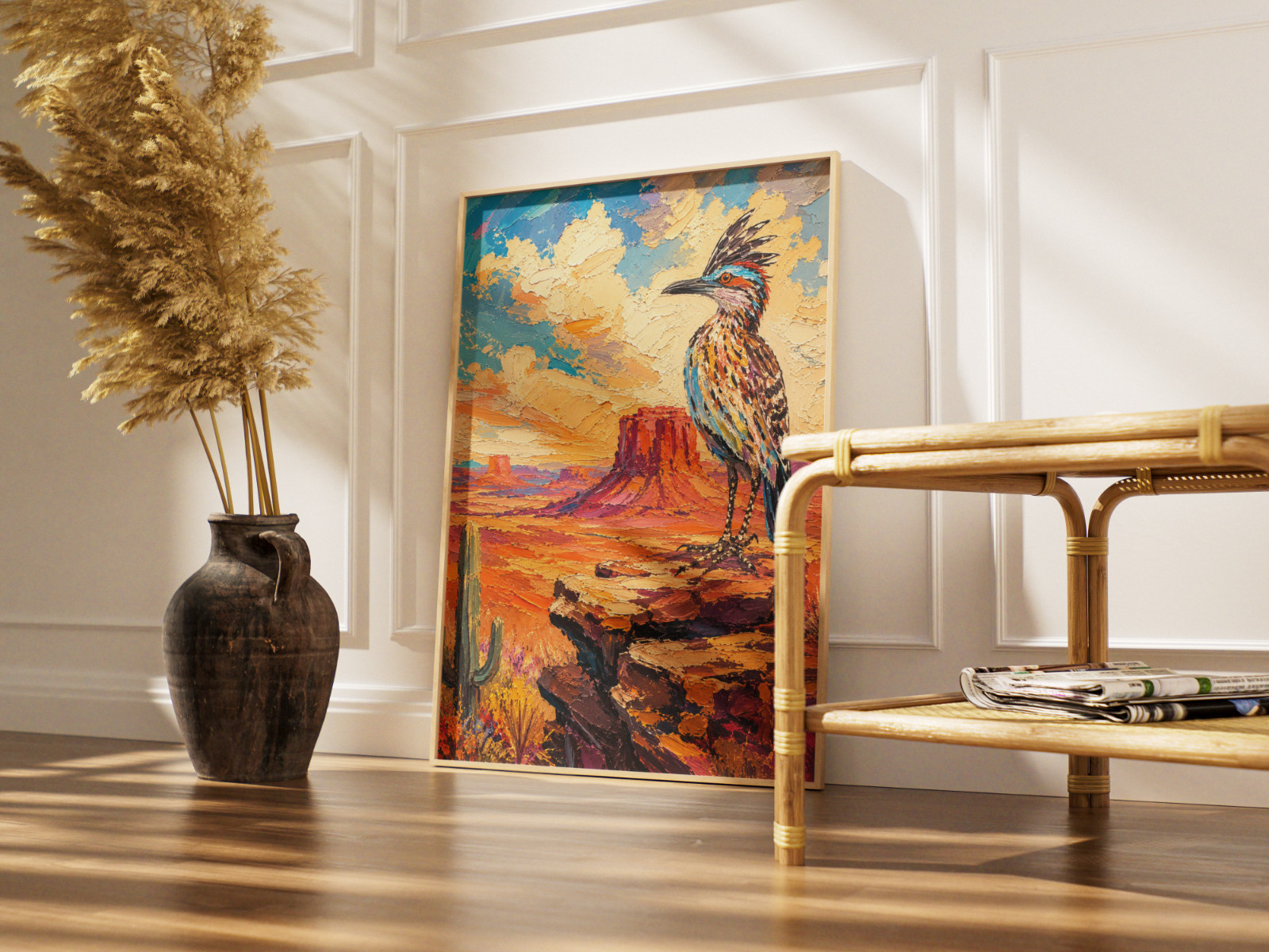 Southwest Roadrunner Poster – Pink Cactus Flower Oil Painting Wall Art Decor